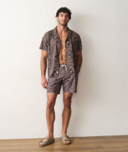Lined Sport & Swim Short 6" - Brown/Navy Geo Fan Print
