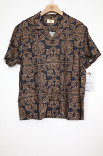 Pablo Tencel Linen Resort Shirt - Brown/Navy Geo Fan Print