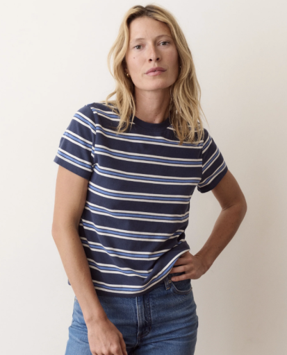 Miracle Jersey Shrunken Crew Navy Stripe