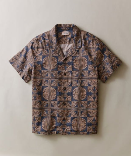 Pablo Tencel Linen Resort Shirt - Brown/Navy Geo Fan Print