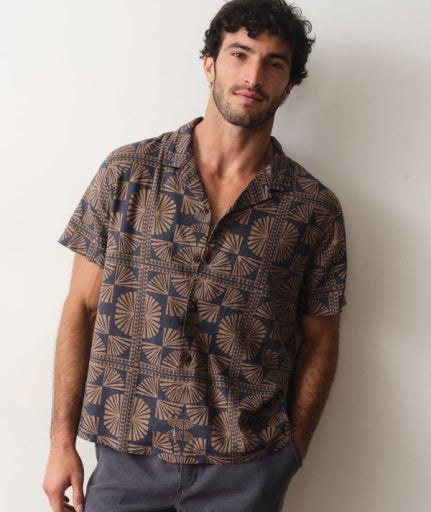 Pablo Tencel Linen Resort Shirt - Brown/Navy Geo Fan Print