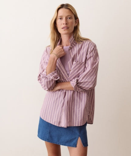 Jane Relaxed Shirt In Cali Poplin Purple Stripe