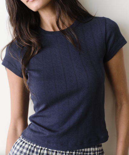 Lexi Pointelle Crew Tee - Navy