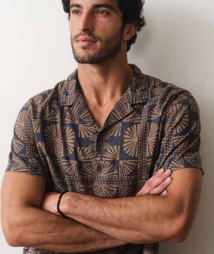 Pablo Tencel Linen Resort Shirt - Brown/Navy Geo Fan Print