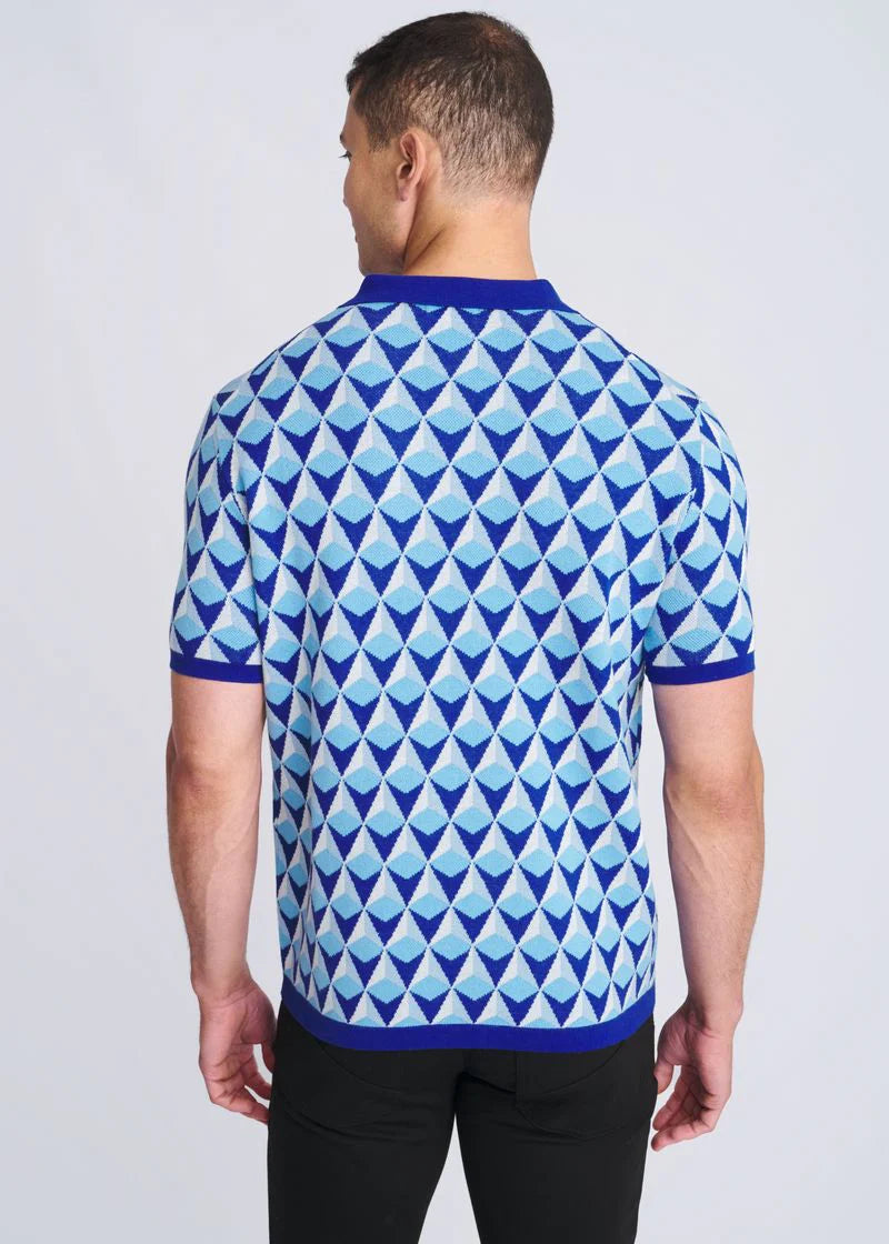 Blue/Cobalt Pyramids Jacquard Cotton 3-Button Knit Polo PM-16326
