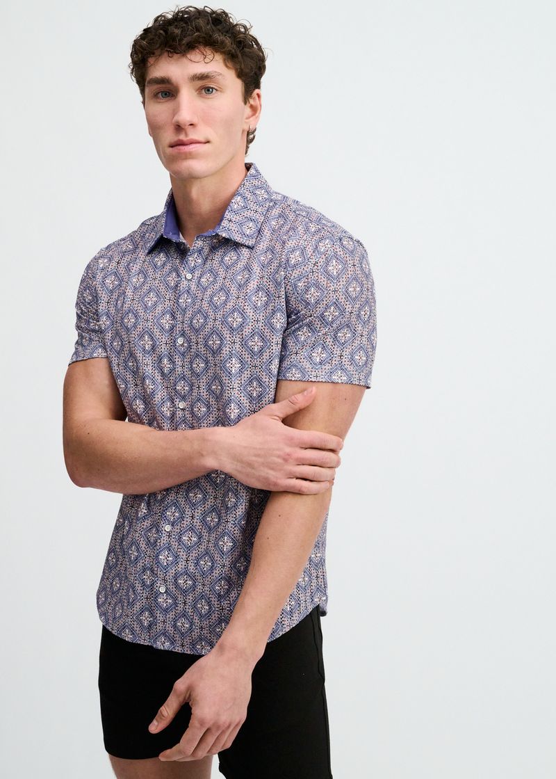 Blueberry/Petal Diamonds Printed Open Knit Stretch Short Sleeve Shirt St-48079