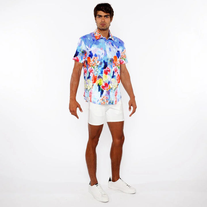Cobalt/Multi Floral Abstract Border Print Cotton Jersey Knit Short Sleeve Shirt St-9339