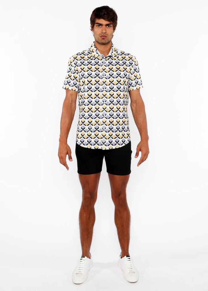 Gold/Silver Diamonds Printed Open Knit Stretch Short Sleeve Shirt St-48071