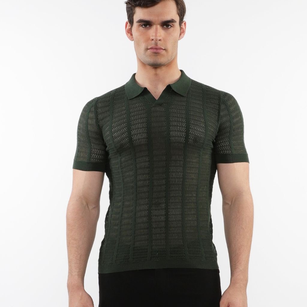 Pear/Combat Two Tone Textured Cotton 3-Button Knit Polo PM-16321