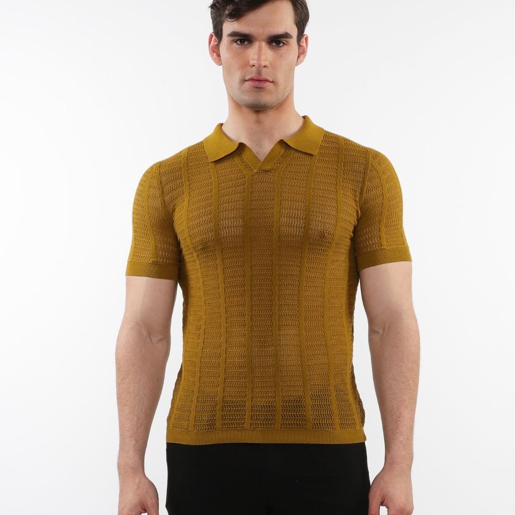 Pear/Combat Two Tone Textured Cotton 3-Button Knit Polo PM-16321