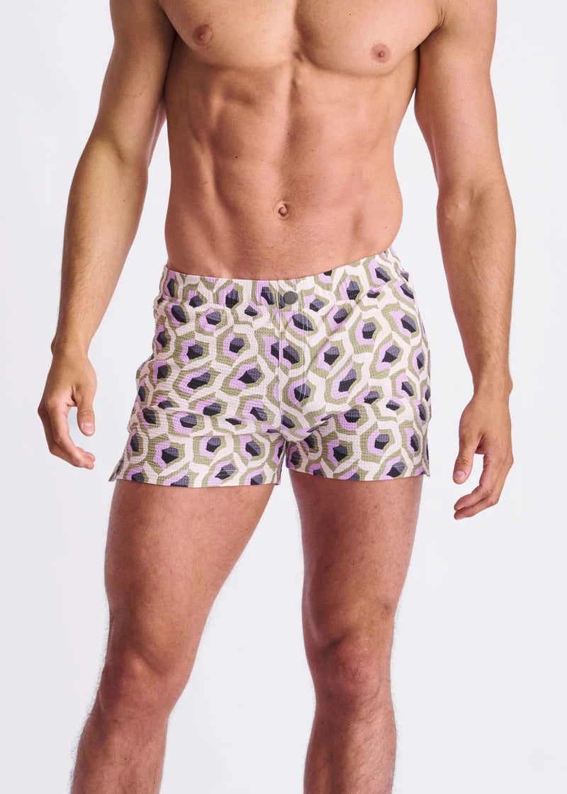 Lilac/Sprout Abstract Printed Seersucker Swim Shorts W/Mesh Lining PM-6018-49