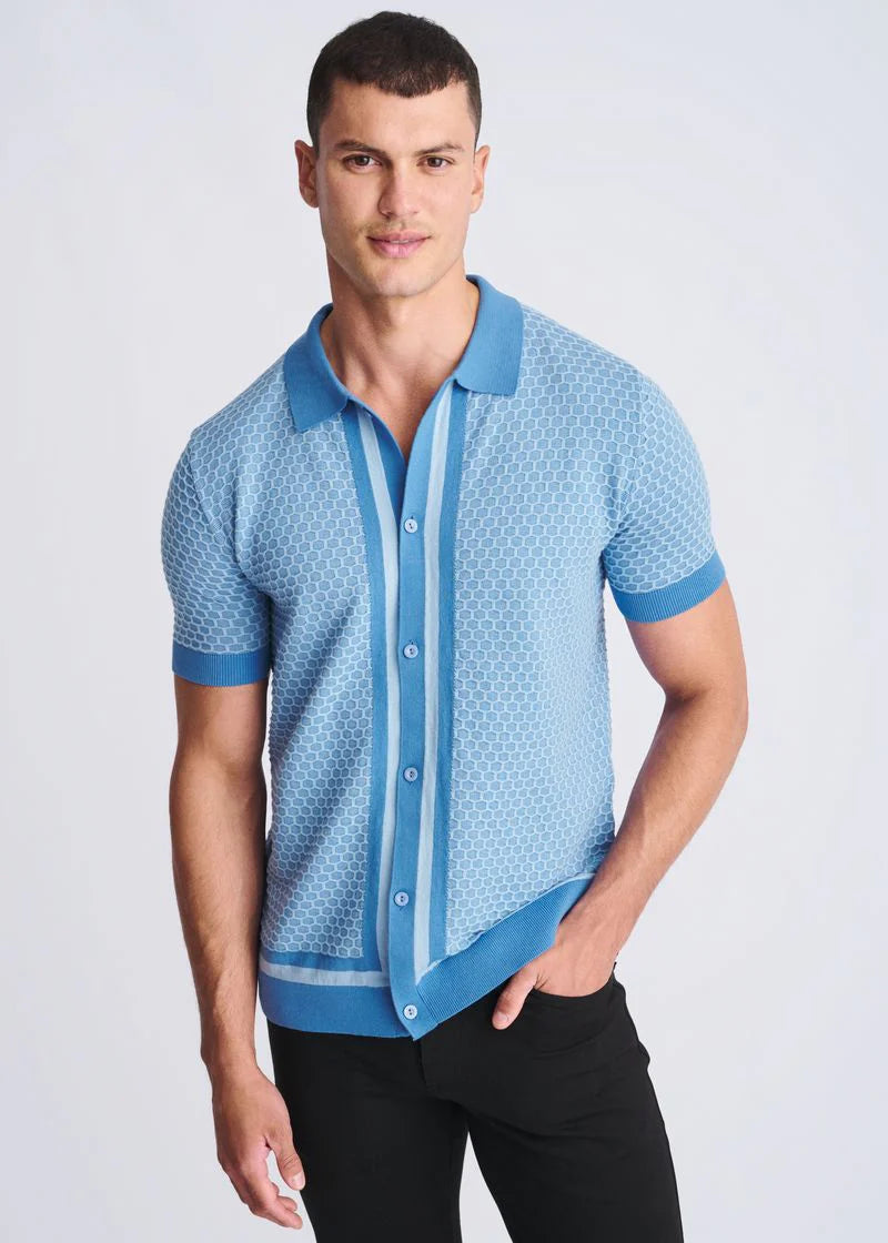 Lagoon/Glacier Honeycomb Textured Cotton Button Front Knit Shirt PM-16329