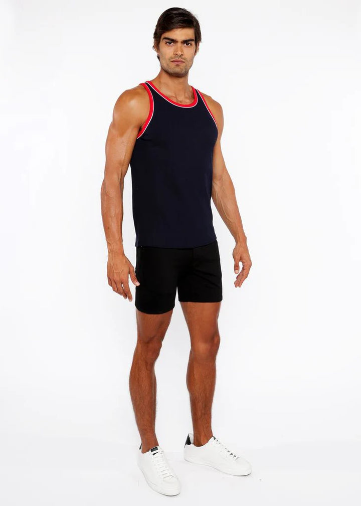 Navy/Carmine Rib Stretch Cotton/Rayon Ringer W/ Piping Detail Sta-16009-01