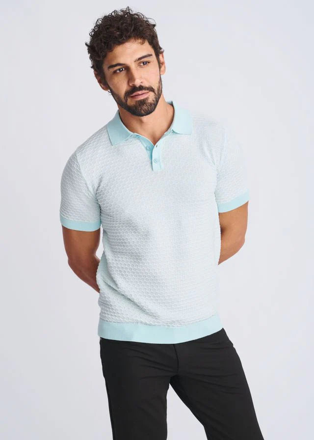 Mint/Milk White Honeycomb Textured Cotton 3-Button Knit Polo PM-16330