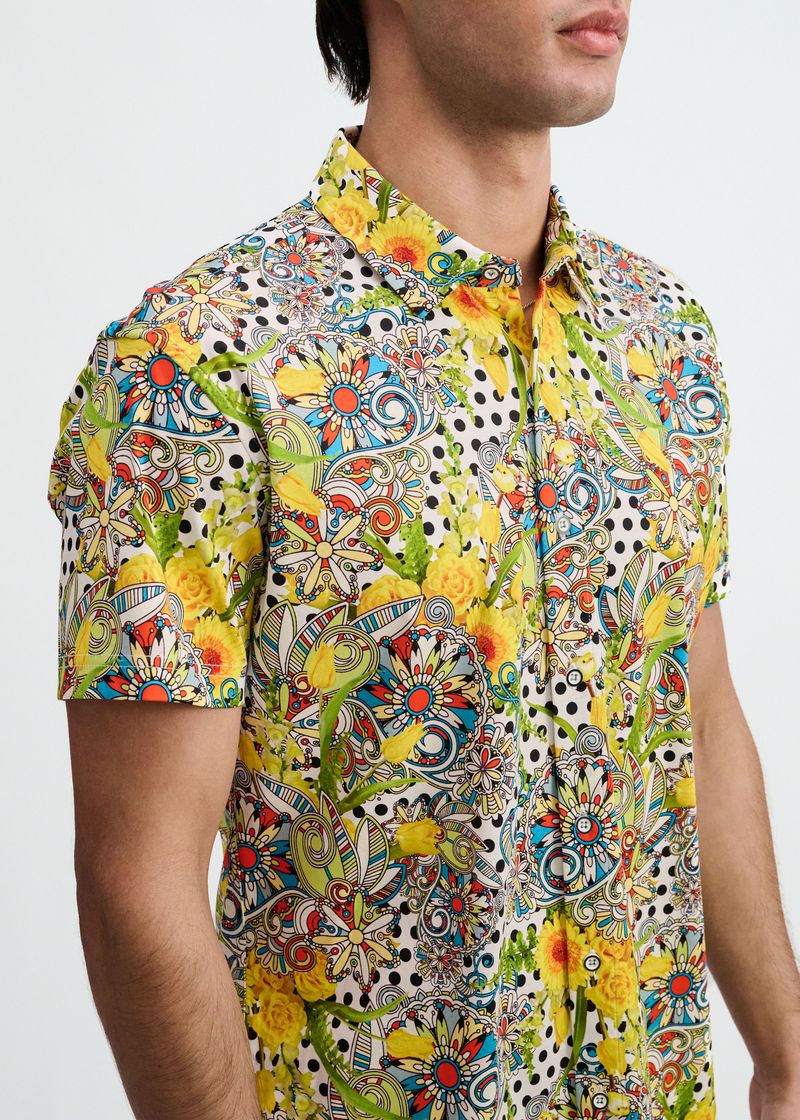 Yellow/Green Floral Dots Printed Jersey Short Sleeve Shirt