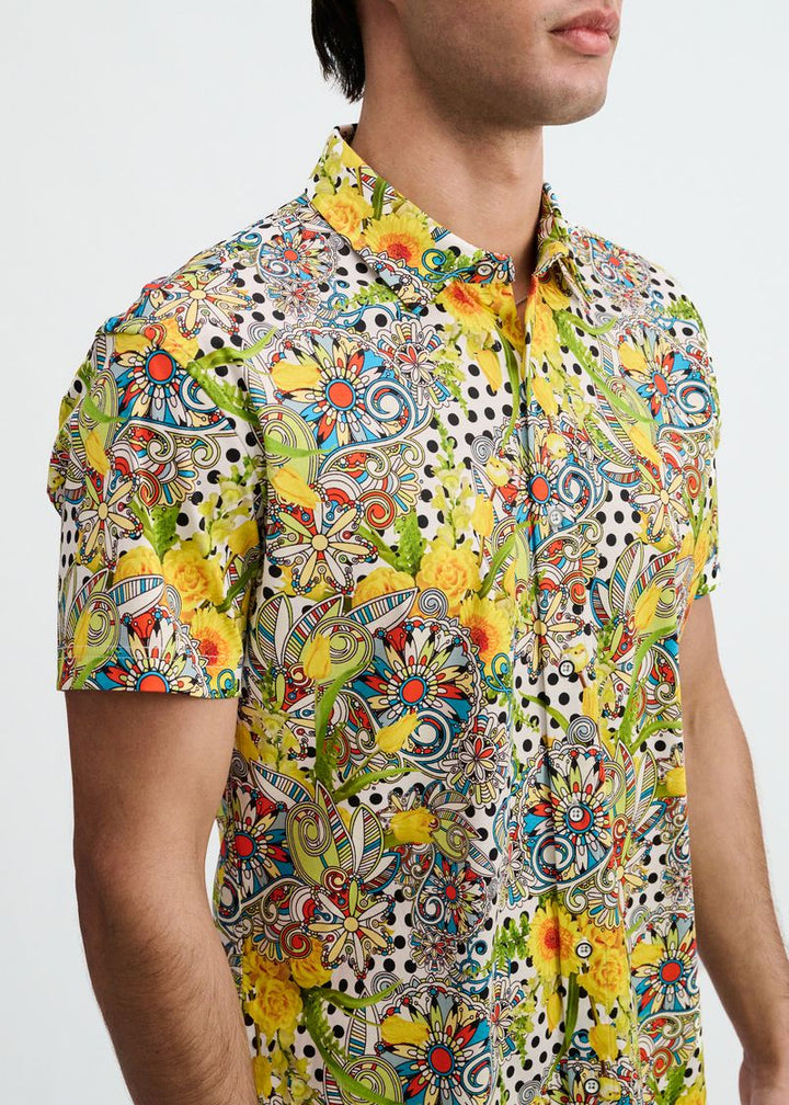 Yellow/Green Floral Dots Printed Jersey Short Sleeve Shirt