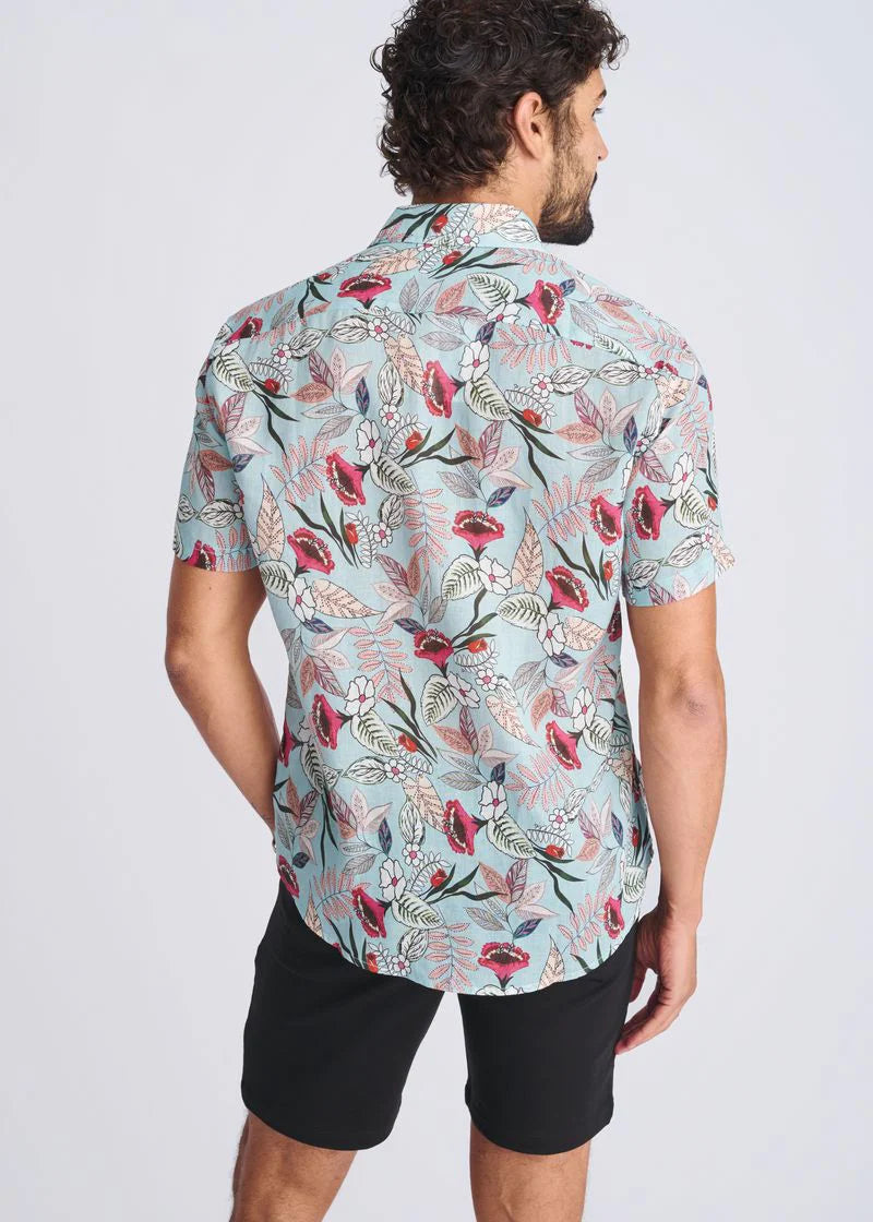 Cloud/Fuchsia Blossoms Printed Lightweight Linen/Tencel Short Sleeve Shirt PM-45038