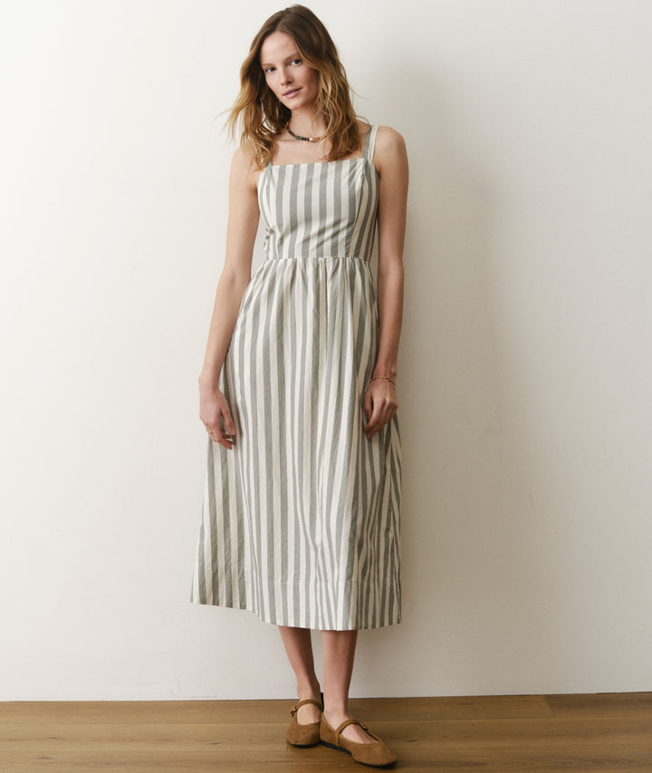 Demi Poplin Midi Dress Olive Stripe