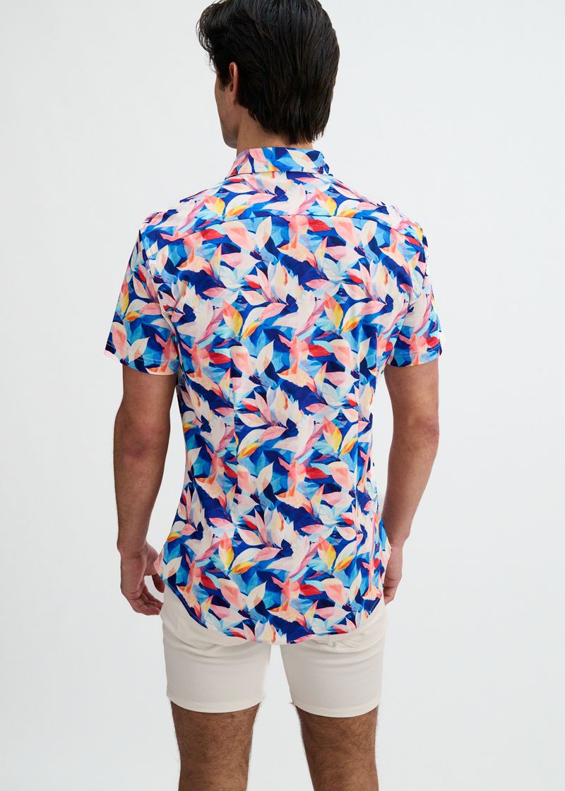 Navy/Blush Leaves Printed Cotton Knit Jersey Short Sleeve Shirt W/Placket Detail St-9357