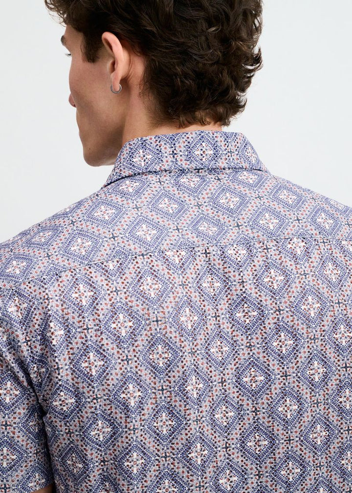 Blueberry/Petal Diamonds Printed Open Knit Stretch Short Sleeve Shirt St-48079
