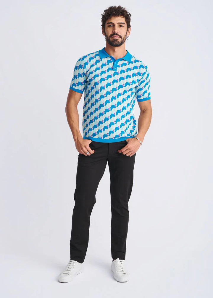 Cobalt/Teal 3D Cubes Jacquard Cotton 3-Button Knit Polo PM-16325