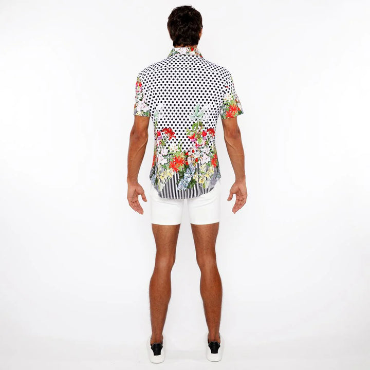 Black/White Dots Border Print Cotton Jersey Knit Short Sleeve Shirt St-9345