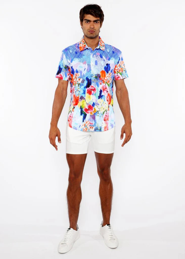 Cobalt/Multi Floral Abstract Border Print Cotton Jersey Knit Short Sleeve Shirt St-9339