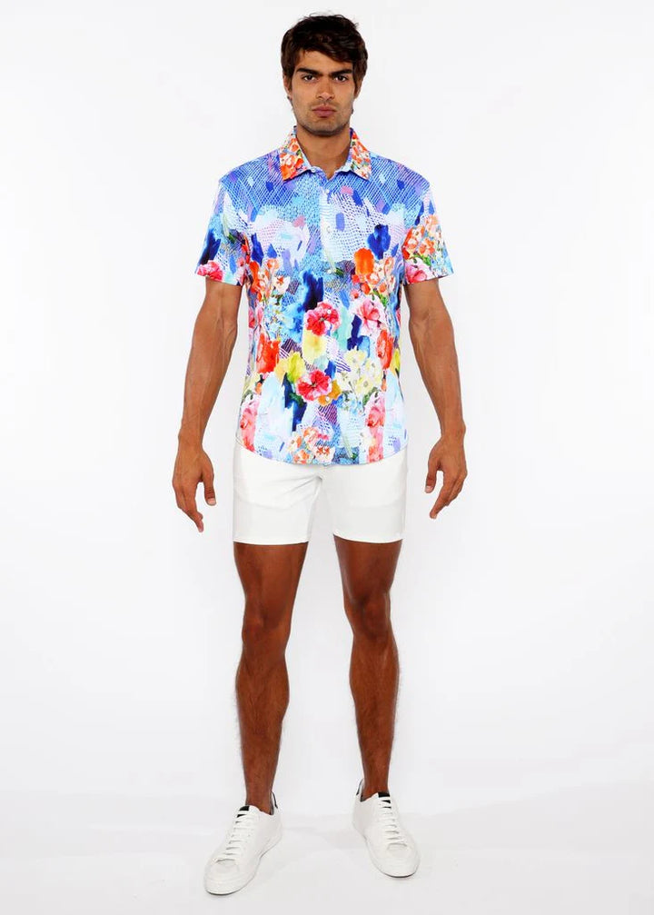 Cobalt/Multi Floral Abstract Border Print Cotton Jersey Knit Short Sleeve Shirt St-9339