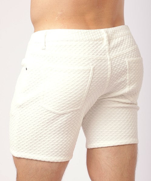 White Houndstooth 5"Inseam Textured Embossed Jacquard Stretch Knit Jeans Short St-1932-97