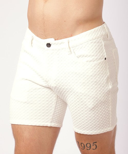 White Houndstooth 5"Inseam Textured Embossed Jacquard Stretch Knit Jeans Short St-1932-97