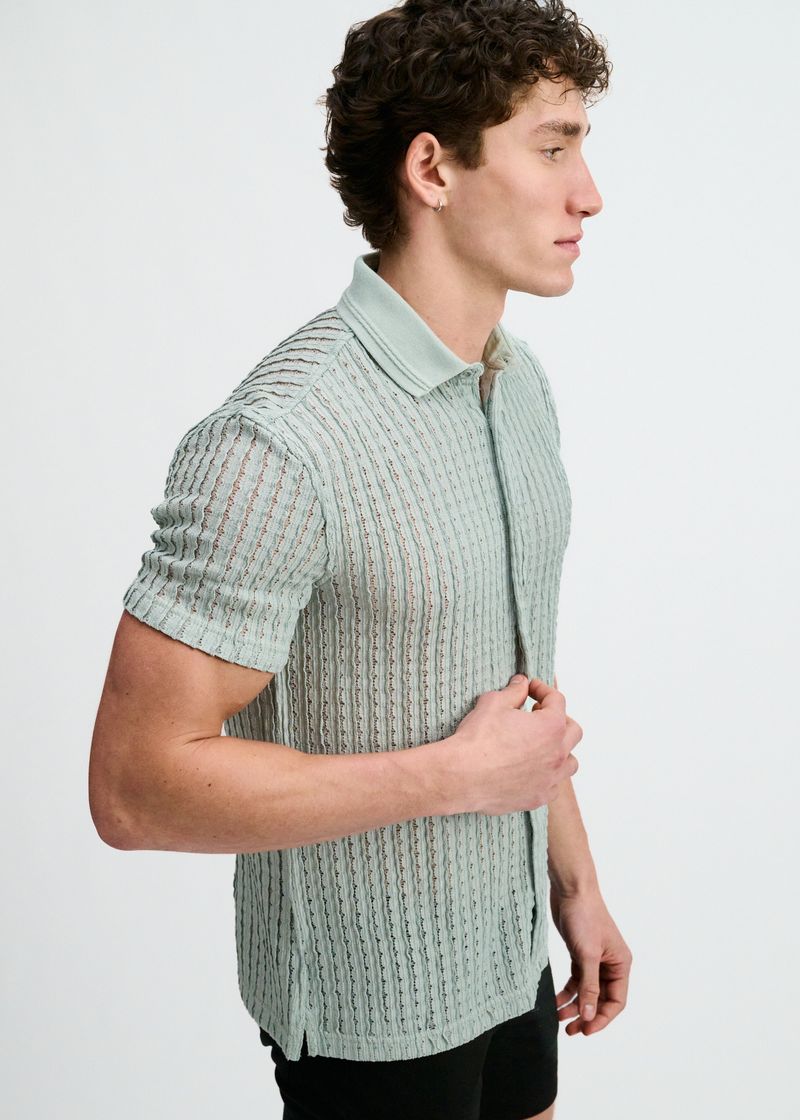 Ocean Open Knit Short Sleeve Shirt W/Rib Collar St-24076