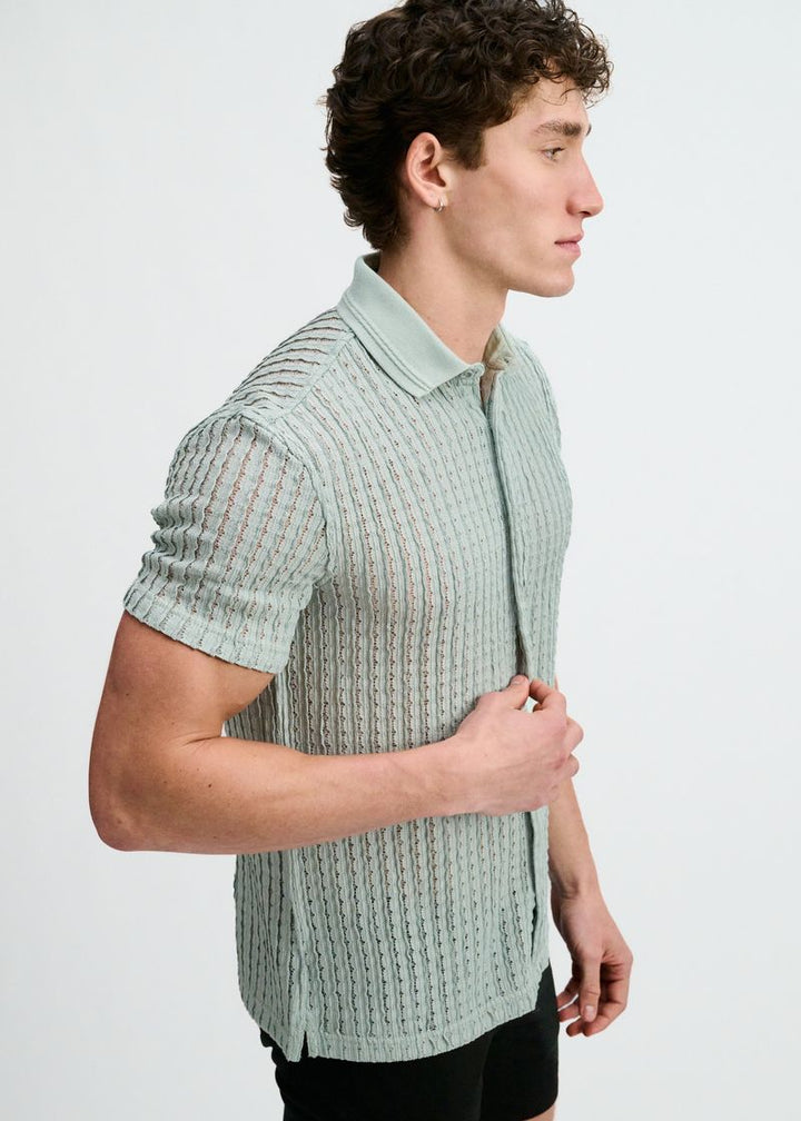 Ocean Open Knit Short Sleeve Shirt W/Rib Collar St-24076