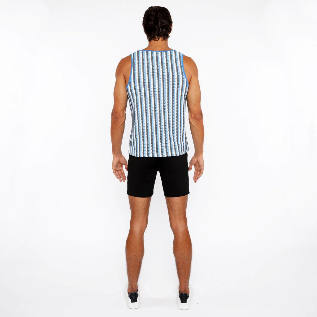 Aqua/Midnight Stripes Stretch Open Knit Tank Top St-24217