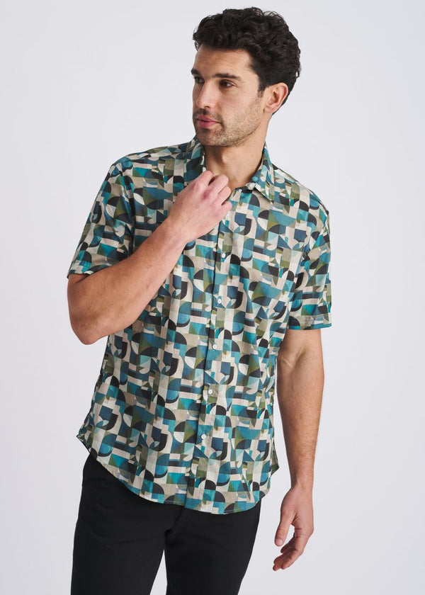 Geometric Printed Lightweight Short Sleeve Shirt Forest/Olive Geometric