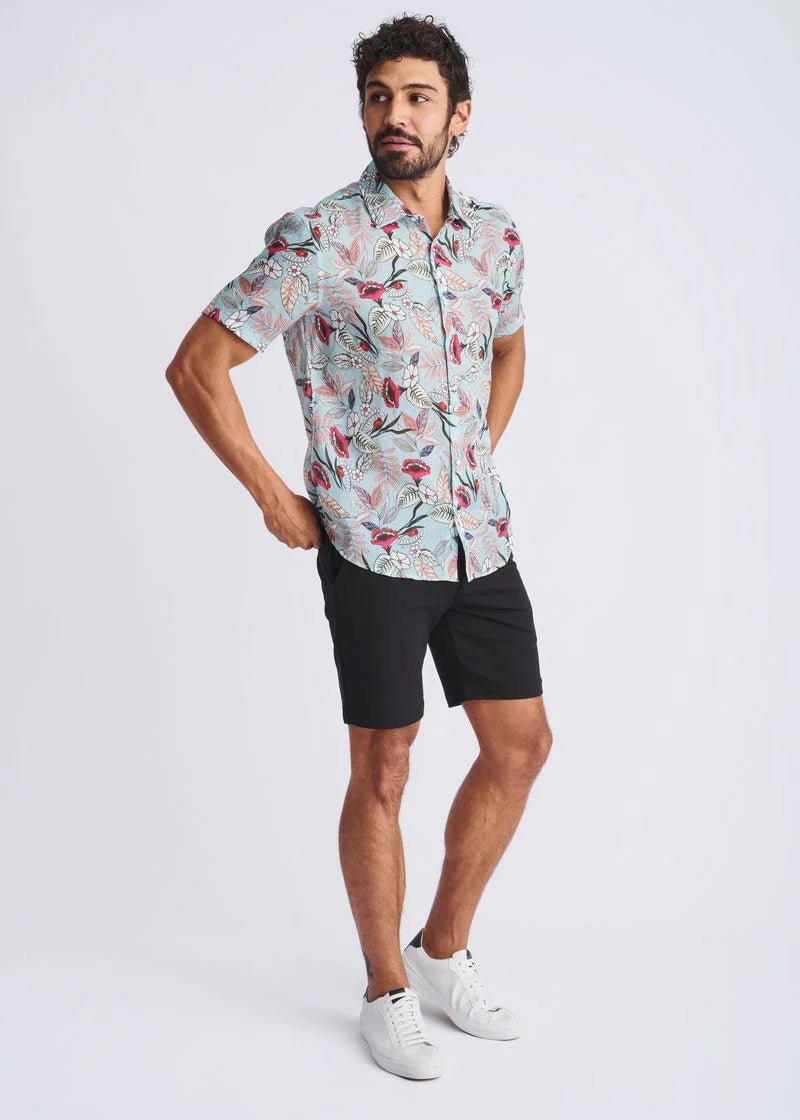 Cloud/Fuchsia Blossoms Printed Lightweight Linen/Tencel Short Sleeve Shirt PM-45038