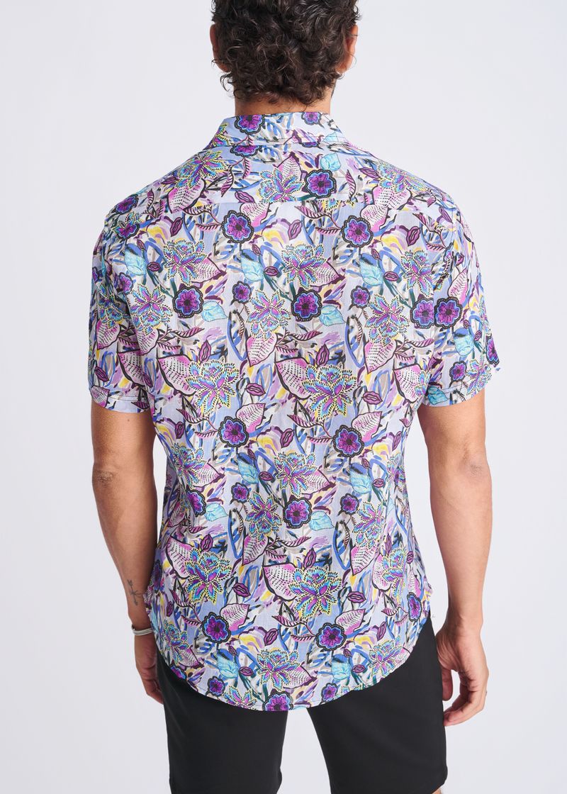 Periwinkle/Violet Floral Printed Lightweight Linen/Tencel Short Sleeve Shirt PM-45040