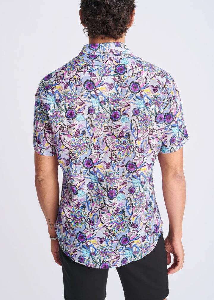 Periwinkle/Violet Floral Printed Lightweight Linen/Tencel Short Sleeve Shirt PM-45040