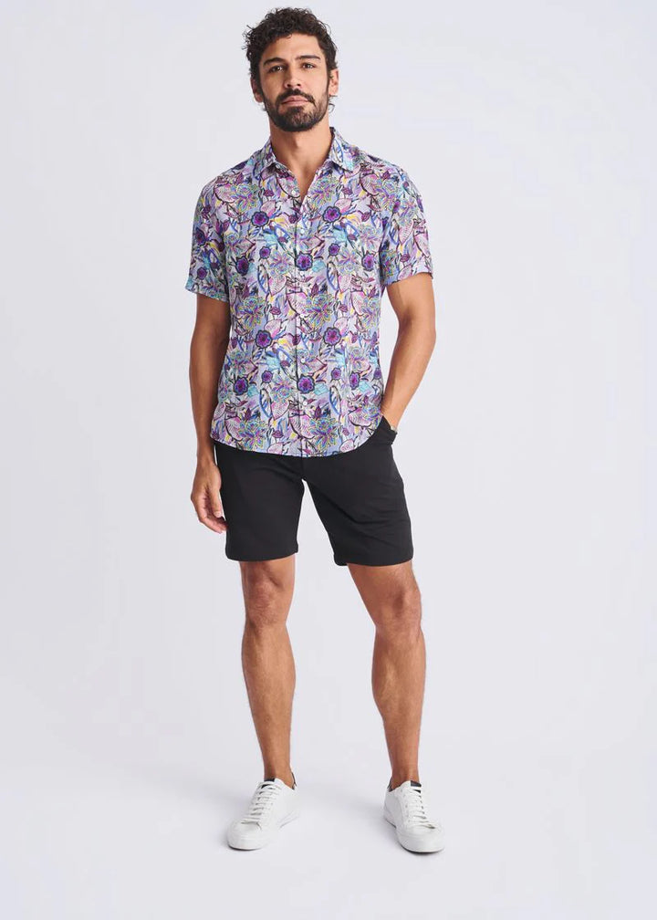 Periwinkle/Violet Floral Printed Lightweight Linen/Tencel Short Sleeve Shirt PM-45040