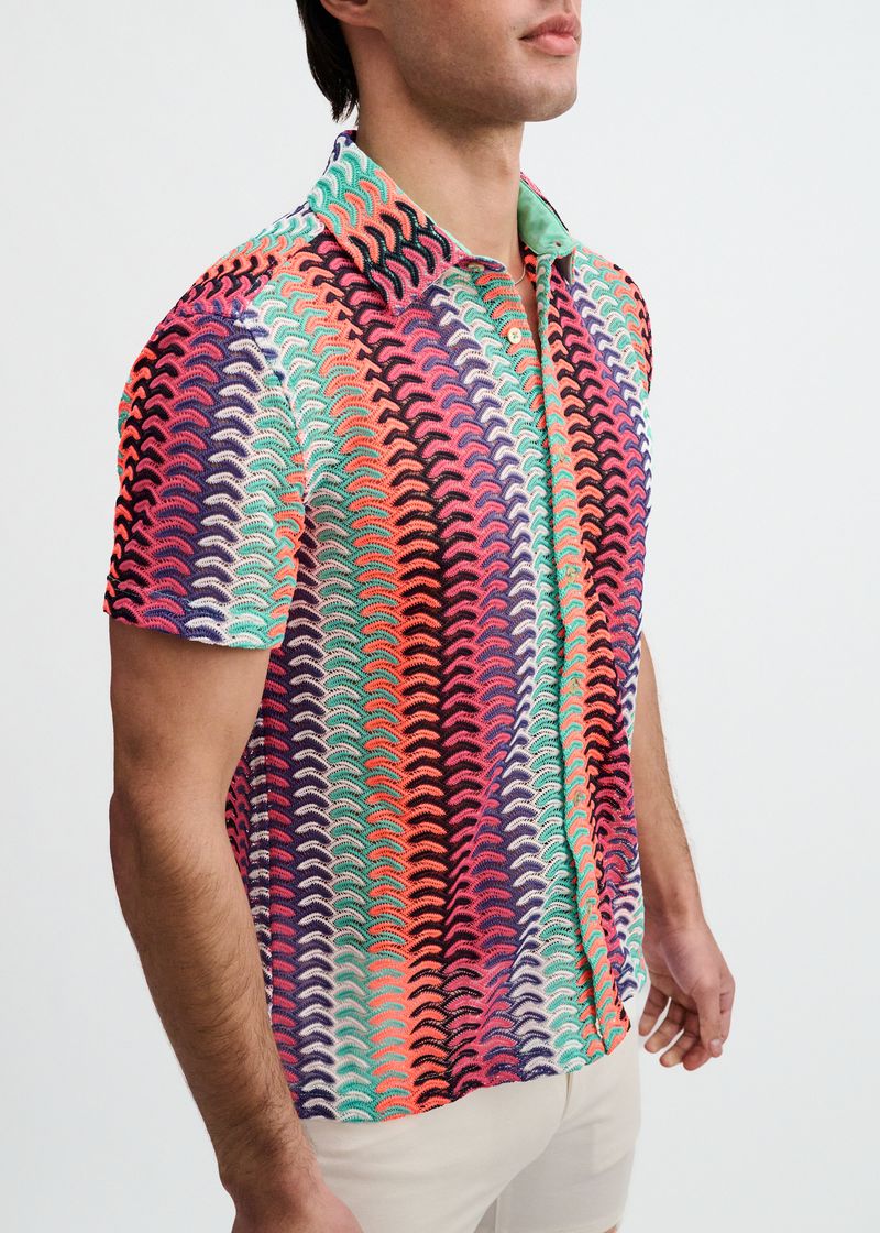 Gelato/Fuchsia Vertical Arrow Stripe Open Knit Short Sleeve Shirt St-24072