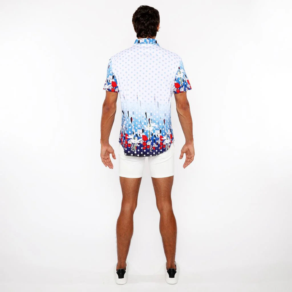 Cloud/Navy Dots Border Print Cotton Jersey Knit Short Sleeve Shirt St-9344