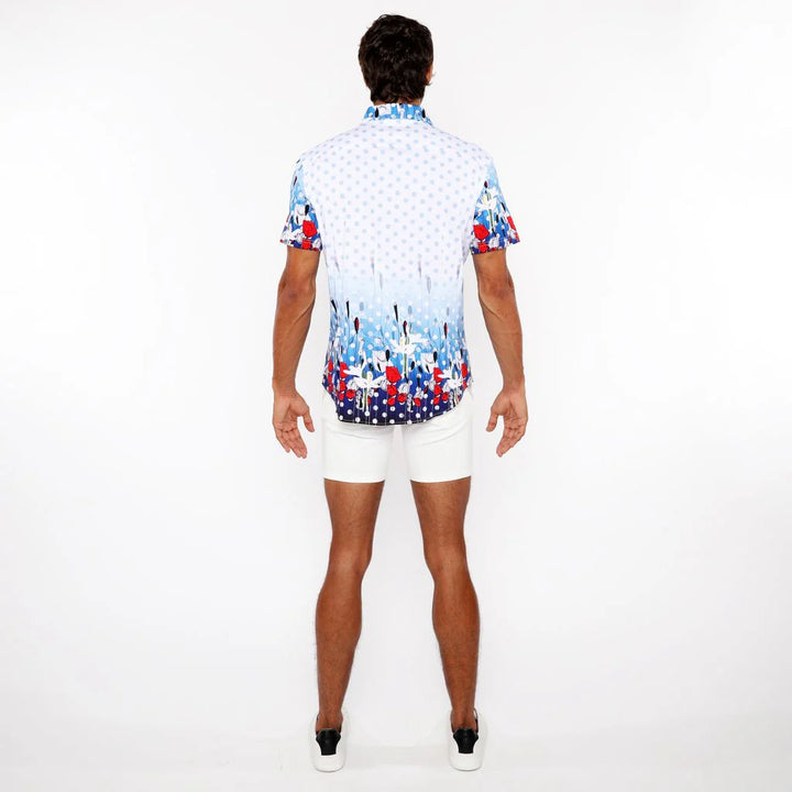 Cloud/Navy Dots Border Print Cotton Jersey Knit Short Sleeve Shirt St-9344