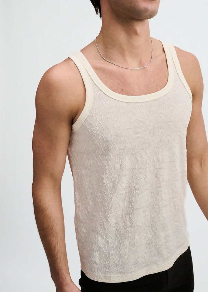 Off White Stretch Floral Textured Knit Tank St-11140