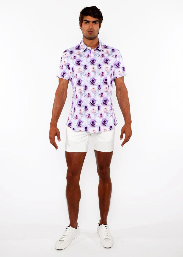 Purple/Jade Roses 3D Print Cotton Jersey Knit Short Sleeve Shirt W/Contrast Stripe Placket St-9325