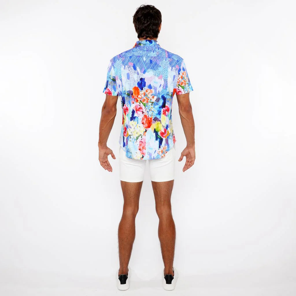 Cobalt/Multi Floral Abstract Border Print Cotton Jersey Knit Short Sleeve Shirt St-9339