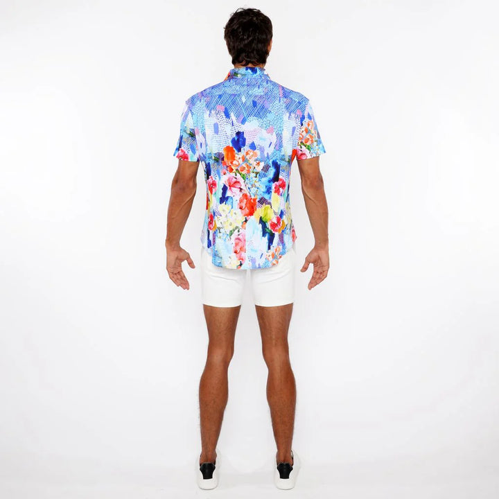 Cobalt/Multi Floral Abstract Border Print Cotton Jersey Knit Short Sleeve Shirt St-9339