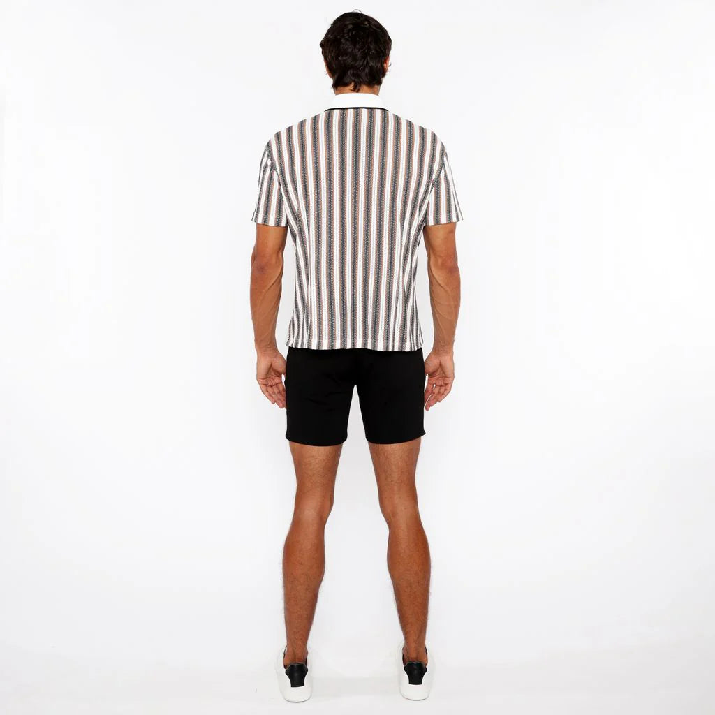 Off White/Midnight Stripe Stretch Open Knit Short Sleeve Shirt W/Rib Collar St-24064