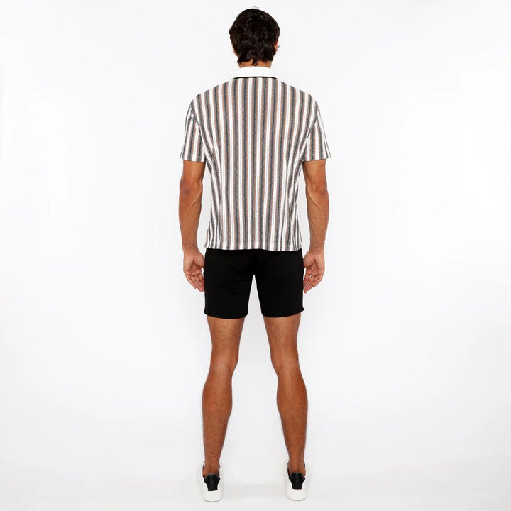 Off White/Midnight Stripe Stretch Open Knit Short Sleeve Shirt W/Rib Collar St-24064