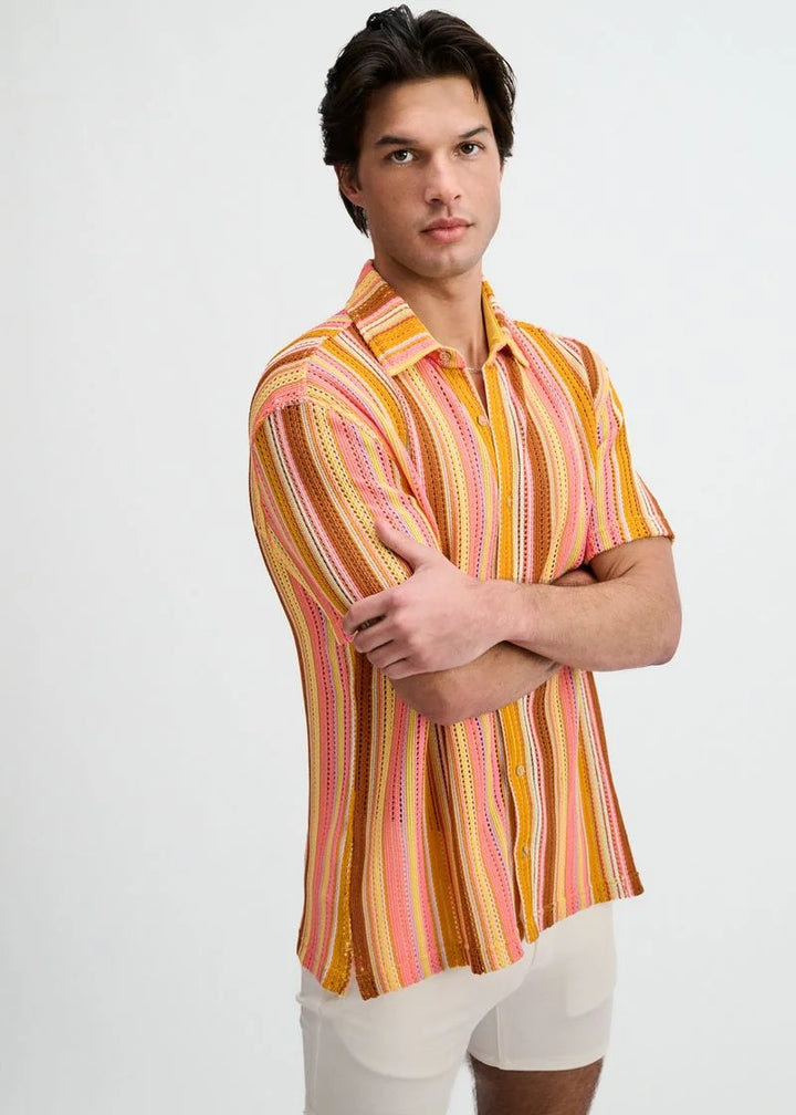 Vertical Stripe Open Knit Stretch Short Sleeve Shirt