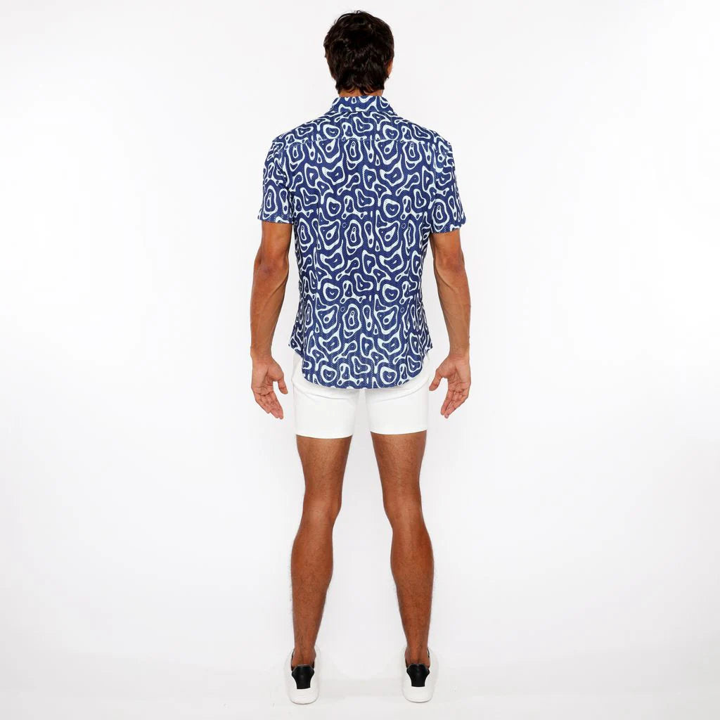 French Blue Squiggly Printed Open Knit Stretch Short Sleeve Shirt St-48070