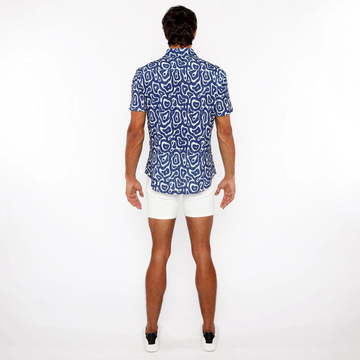 French Blue Squiggly Printed Open Knit Stretch Short Sleeve Shirt St-48070